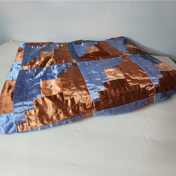 Vintage quilt silky material very old no rips tears stains orangey browns blues - Picture 1 of 9